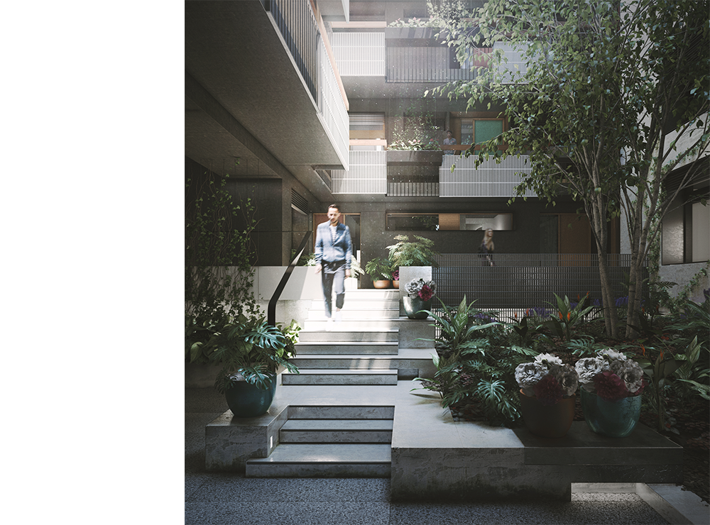 Exterior render of the CRT YRD courtyard area